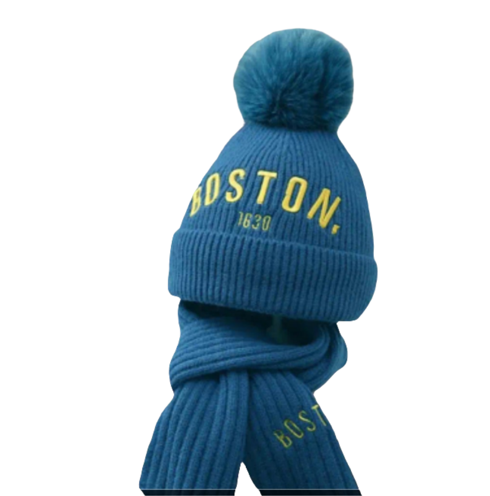 set muts en sjaal blauw,crème,koffie en zwart