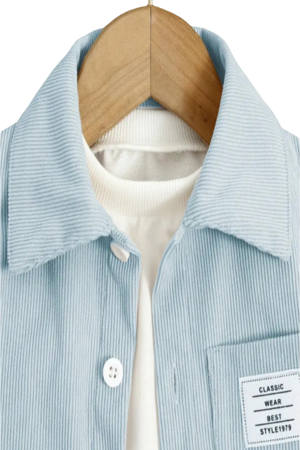 Overhemd lichtblauw in fijne rib en jeans met elastische tailleband