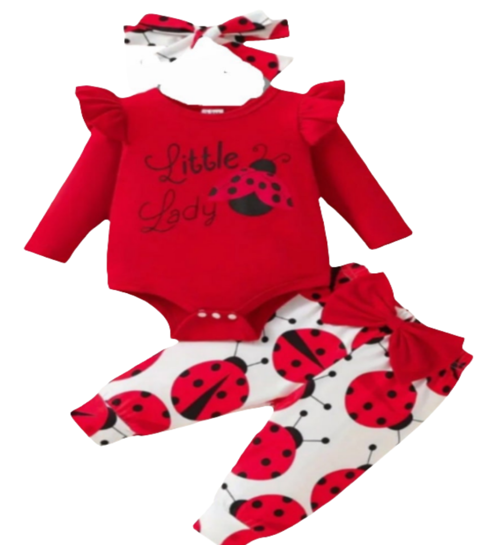 Romper rood met lange mouw en pantalon met lieveheersbeestjes en rode strik (te combineren met de rode gyympjes)