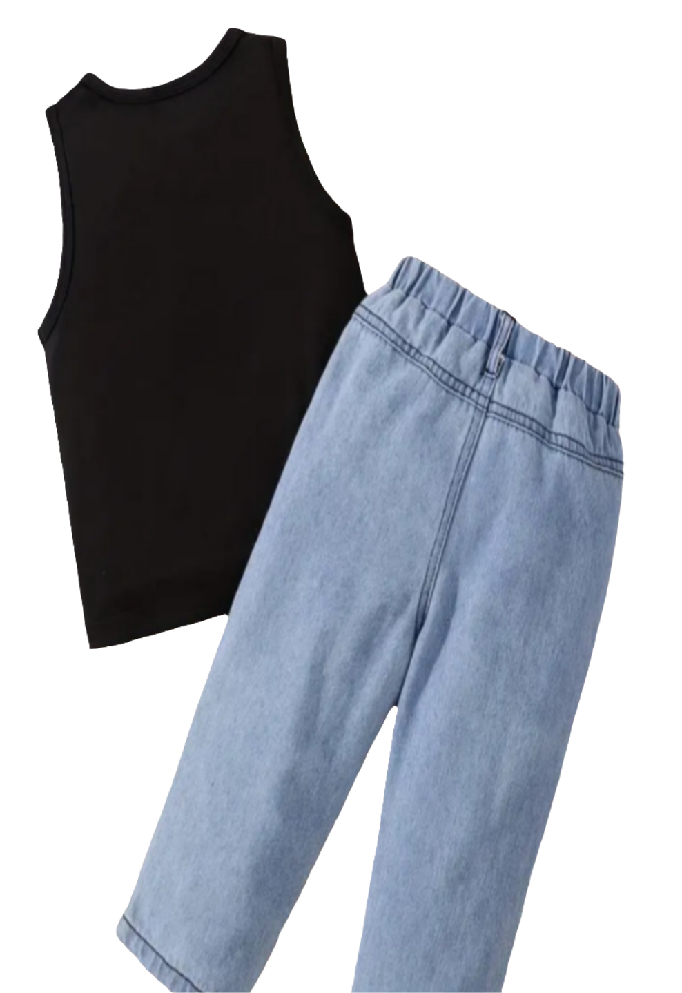 Jeans met elastische tailleband en singlet met bloemetjes ( leuk te combineren met de zwarte gymp met bloemetje)