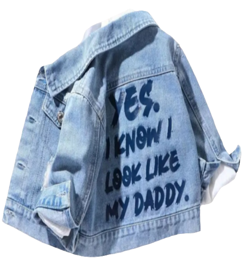 Stoer denim spijkerjack met tekst" Yes I know I look like my father".