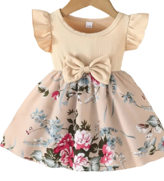 Jurk beige met bloemen en strik