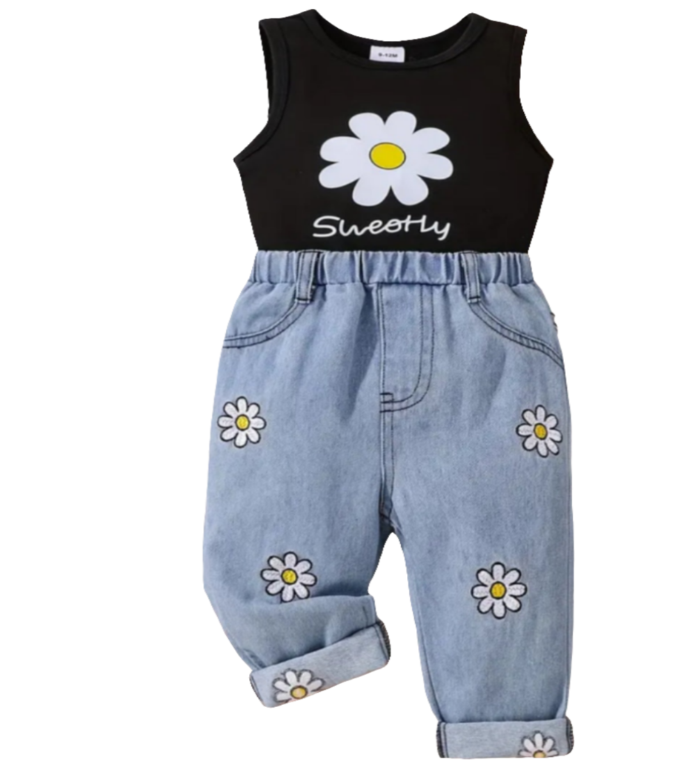 Jeans met elastische tailleband en singlet met bloemetjes 