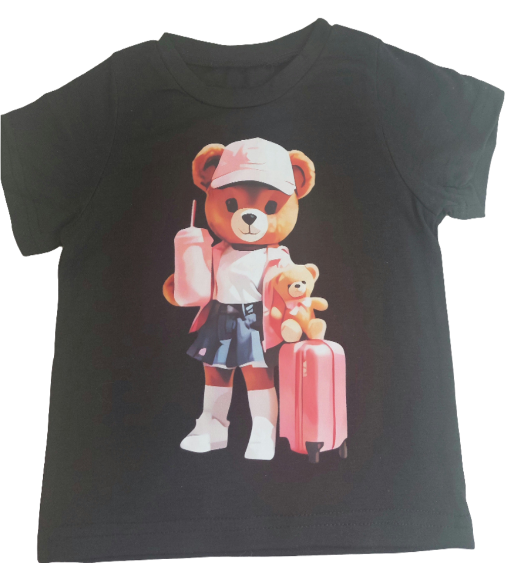 Shirt zwart  voor meisjes: beertje met roze koffer 