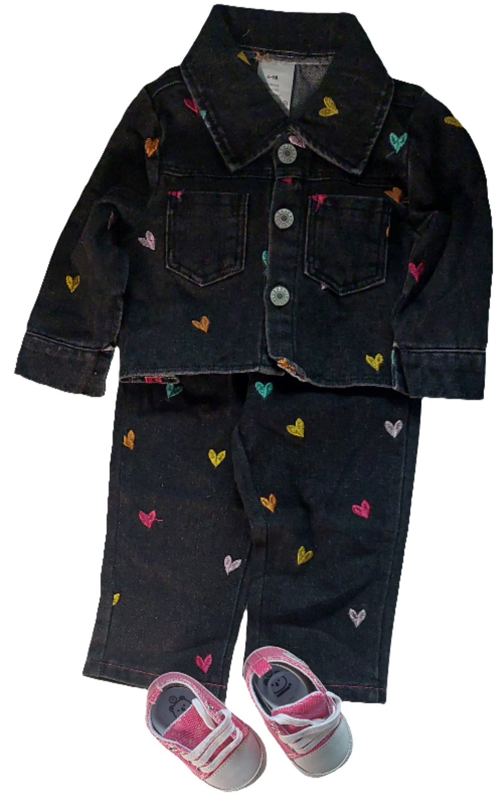 Denim jeans zwart met geborduurde hartjes( te combineren met jack en gympjes)