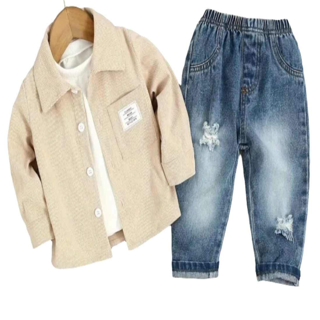 Overhemd beige in fijne rib en jeans met elastische tailleband 