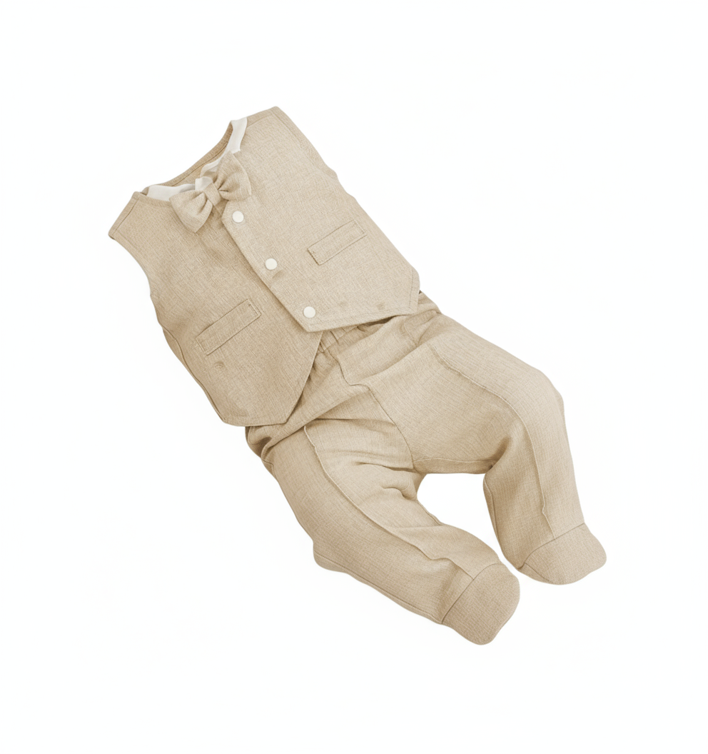 Kerstpak beige of lichtblauw: gilet,blouse en broek