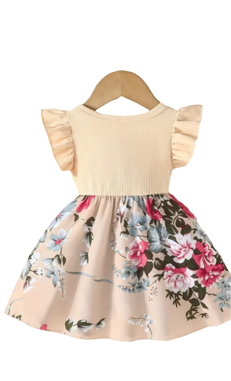 Jurk beige met bloemen en strik