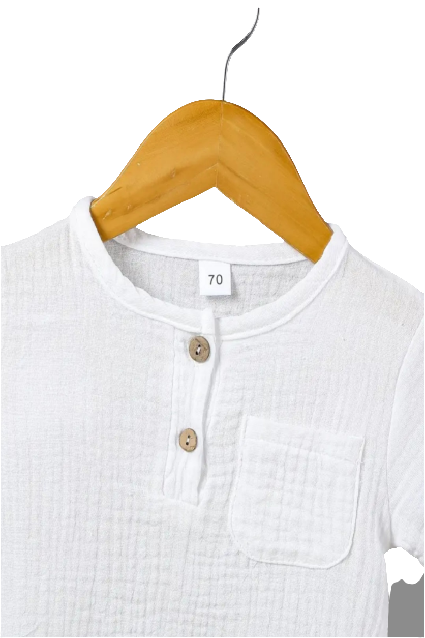 Set: shirt wit met short beige in crinckle katoen