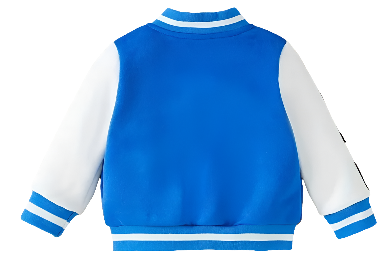 Baseballjack blauw met tekst op mouw