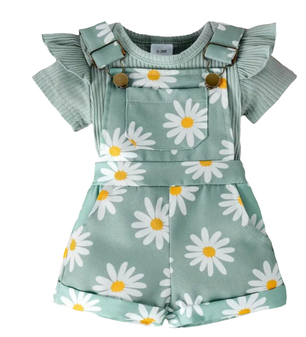 Tuinpak kort groen met madeliefjes met body van katoen