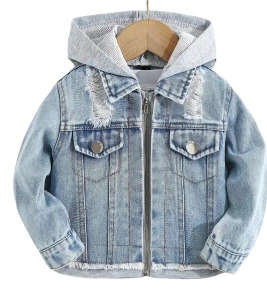 Denim jack met capuchon van joggingstof
