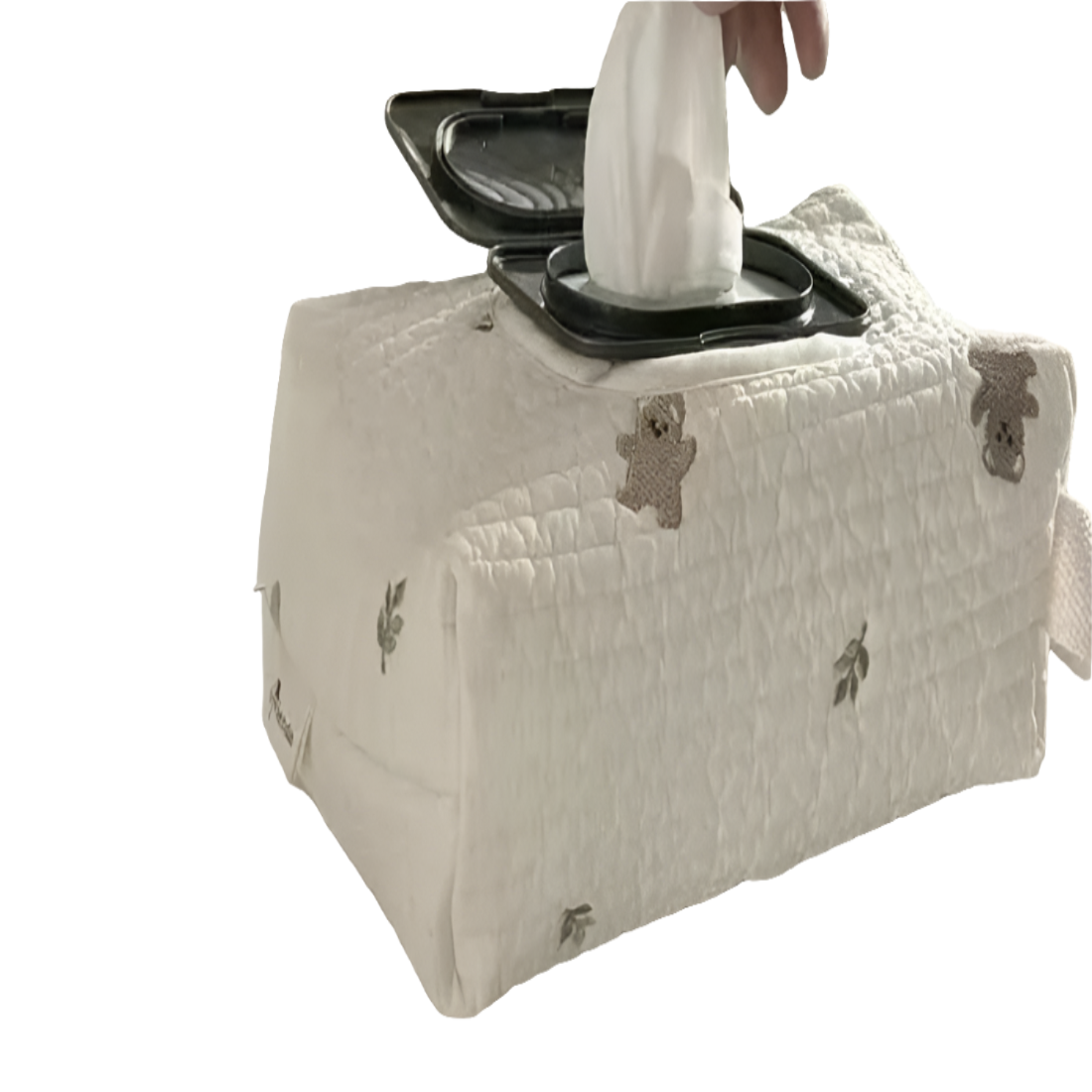 een opbergbox waar je een verpakking verzorgingsdoekjes in kan doen .