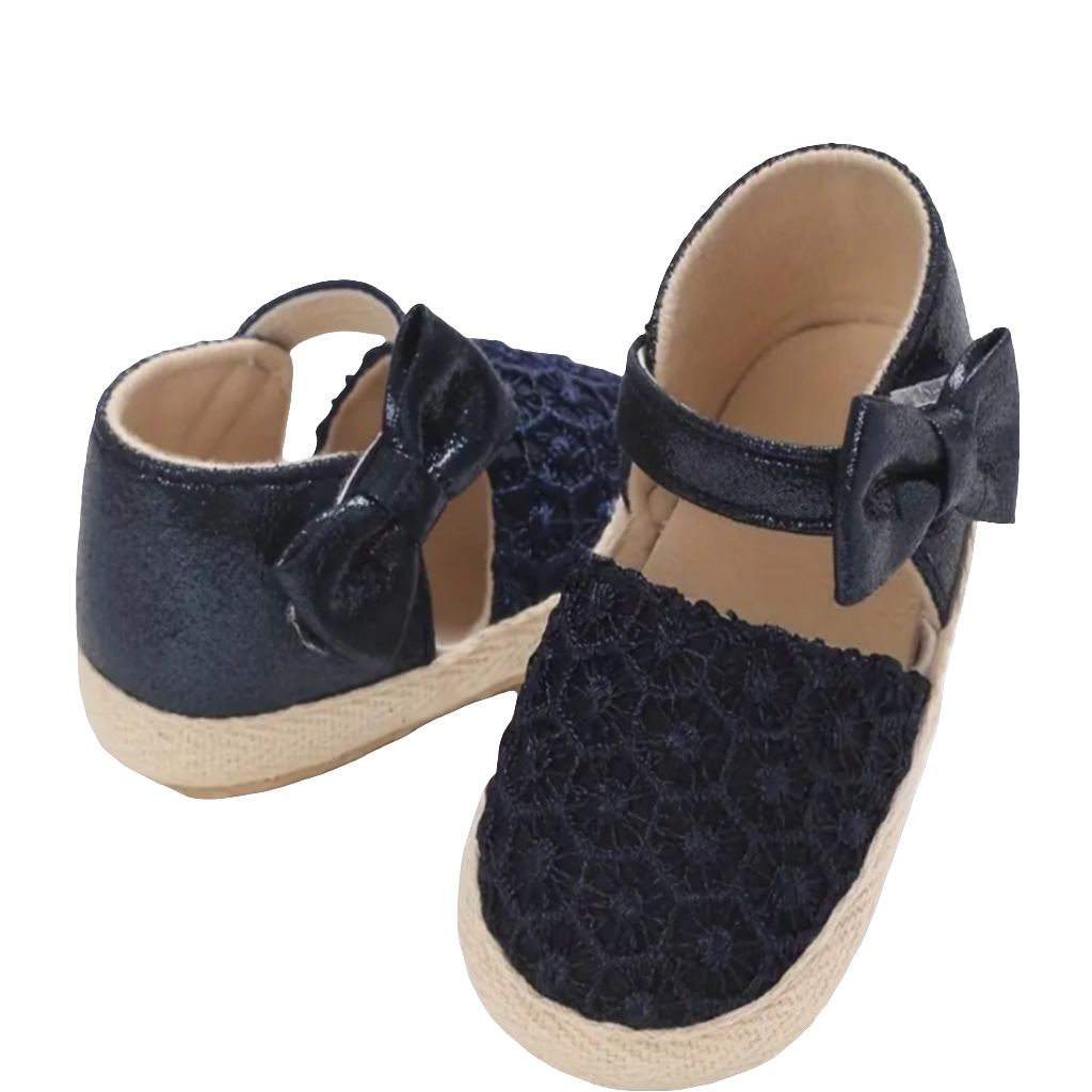 schoenen meisje marinekleurige stof met pu leer en strikje