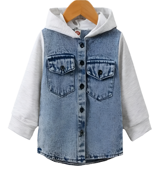 Denim blouse met mouwen en capuchon van joggingstof.