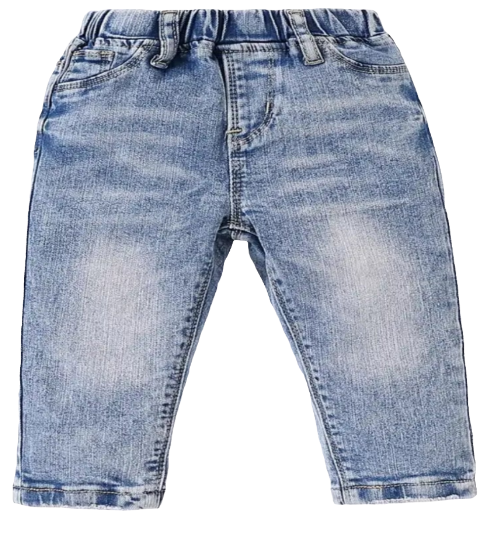 Denim jeans stonewashed model met twee achterzakken. De jeans heeft een elastische band