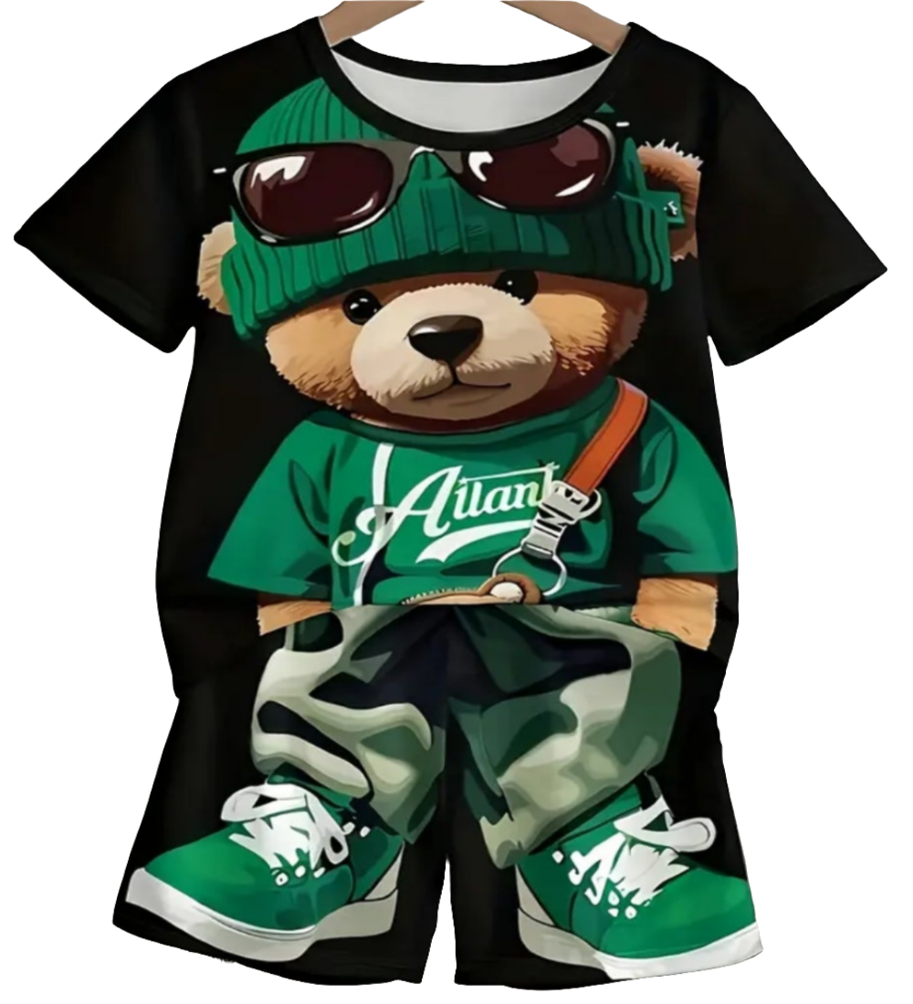 Set voor de zomer :shirt en short beer zwart met  groen