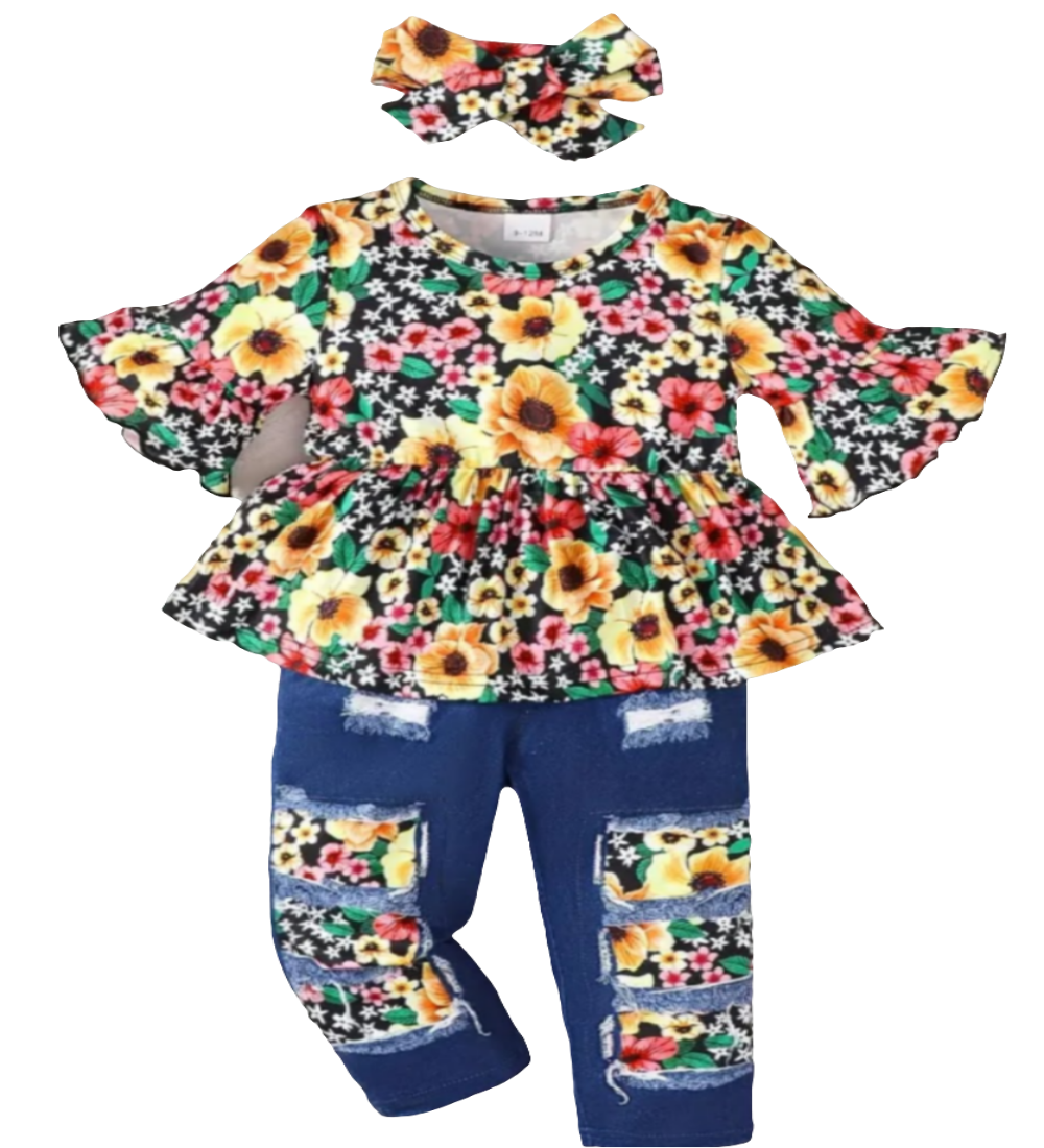 Denimlookset : shirt met bloemetjes en bijpassende broek