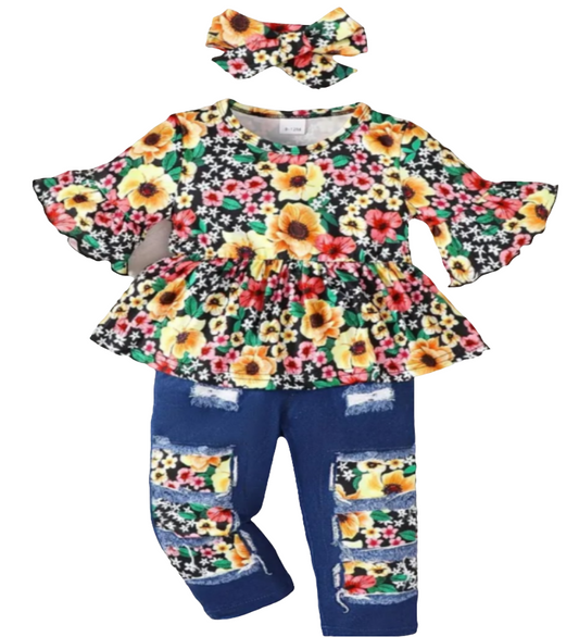 Denimlookset : shirt met bloemetjes en bijpassende broek