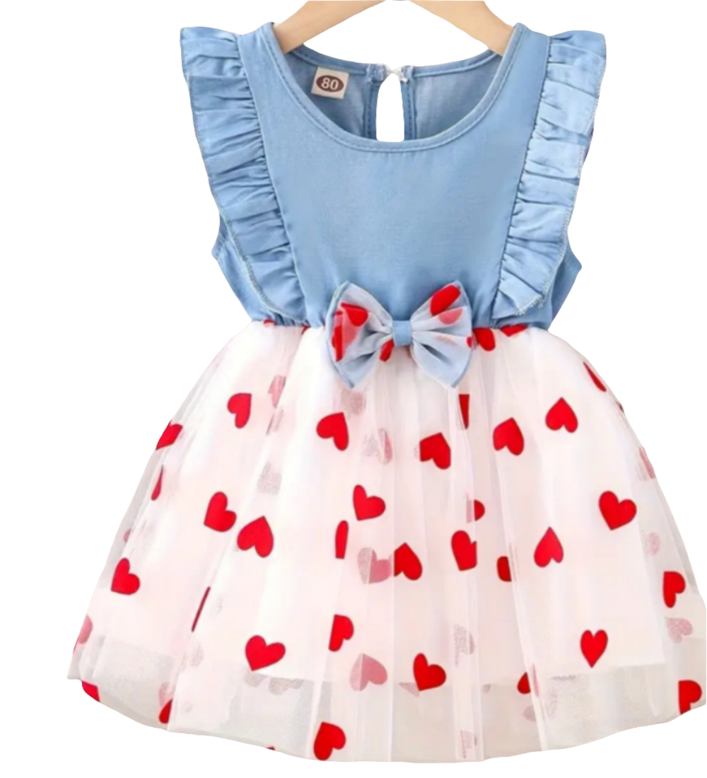 Denim jurkje met witte tule rok met hartjes