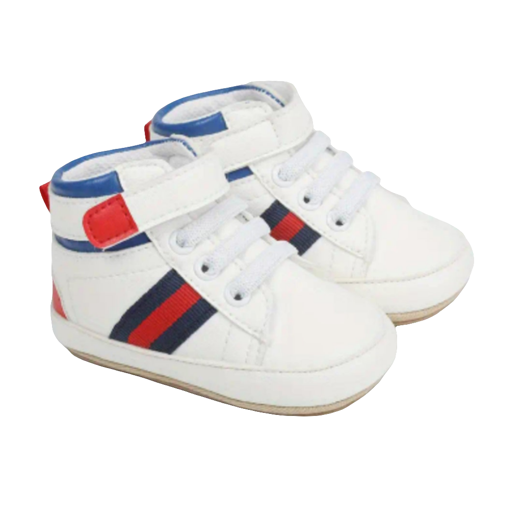 gymp hoog model wit met rood en blauw met klittenband