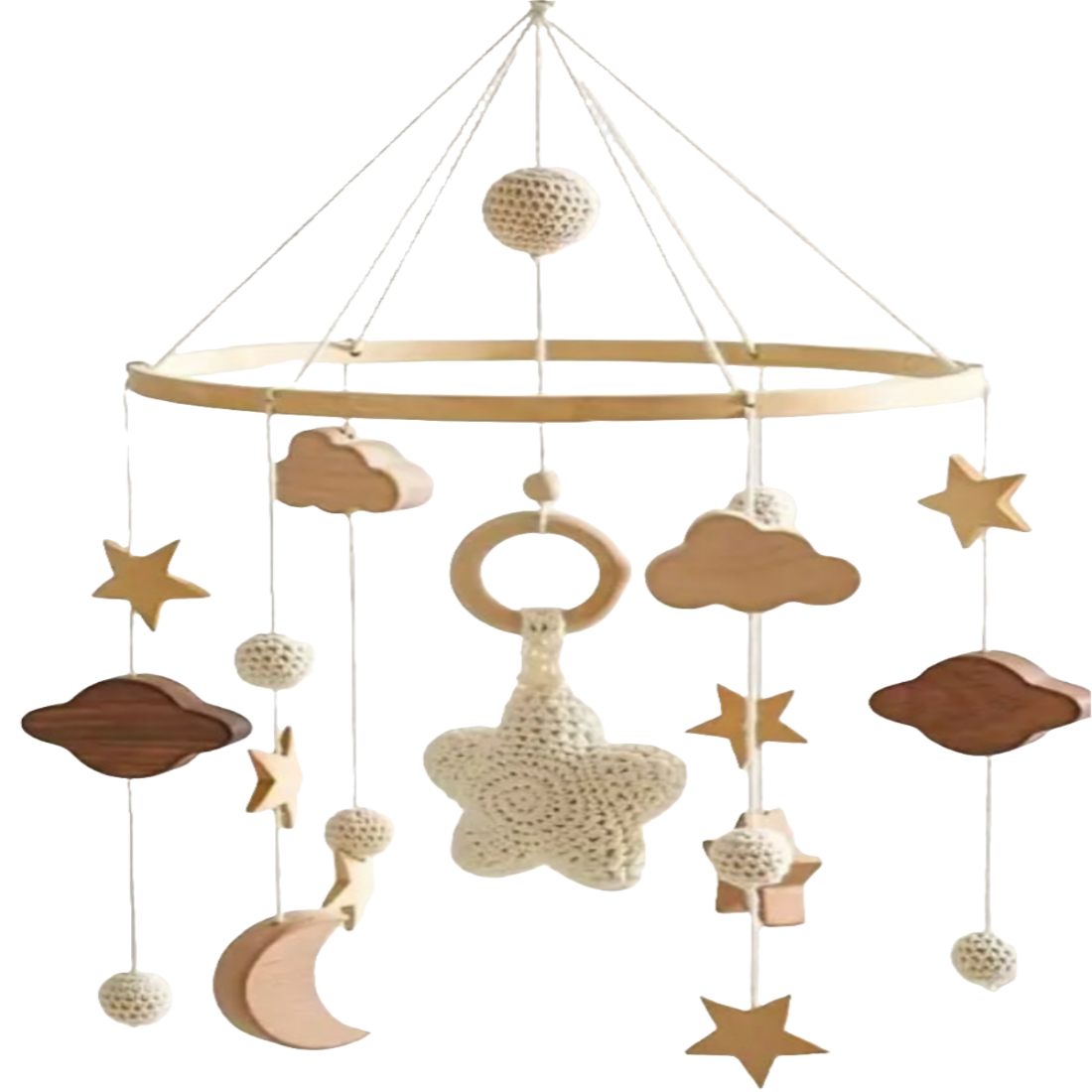 Mobiel duurzaam hout en gebreide hangers wit of roze