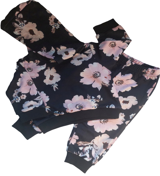 joggingpak met capuchon zwart met roze bloemen
