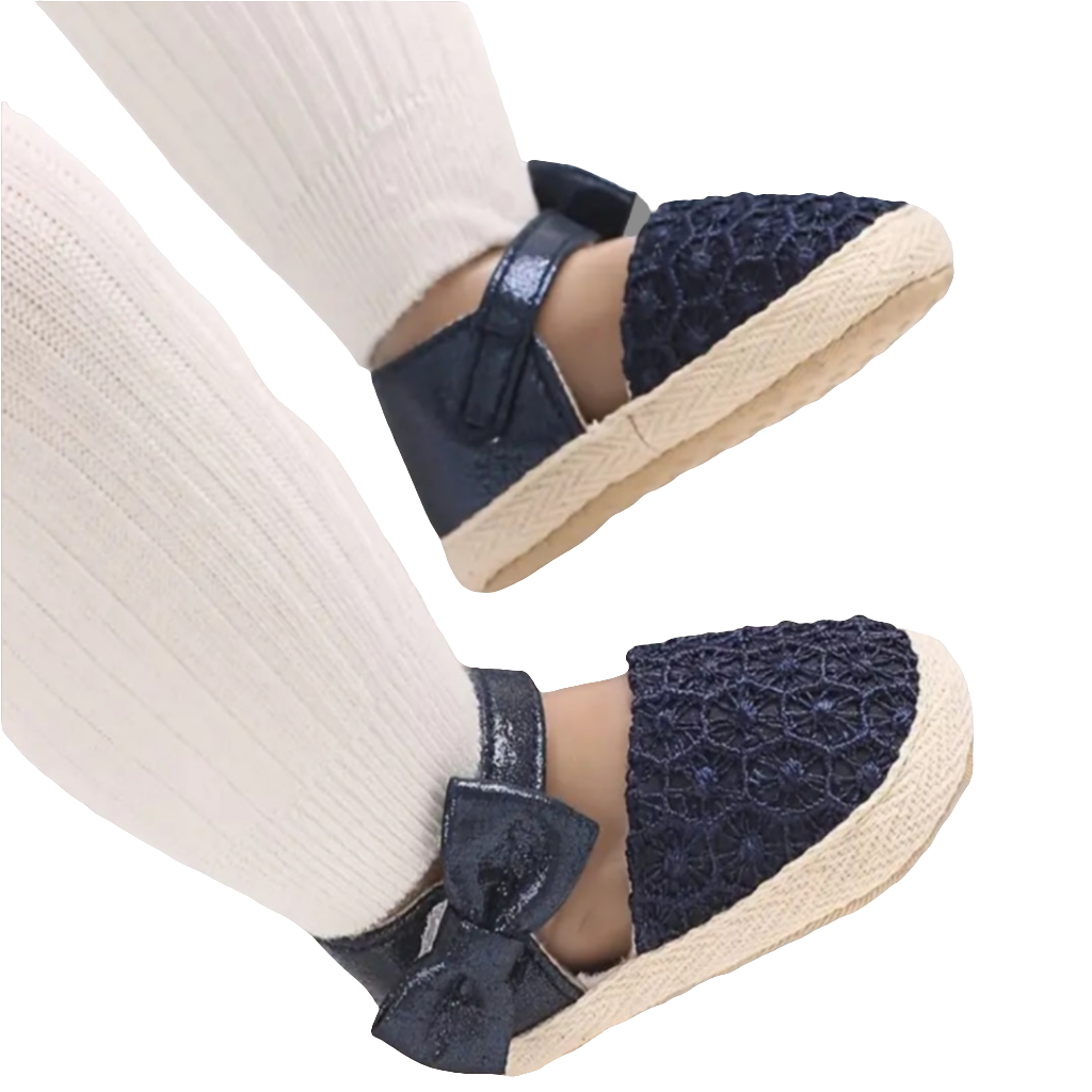 schoenen meisje marinekleurige stof met pu leer en strikje