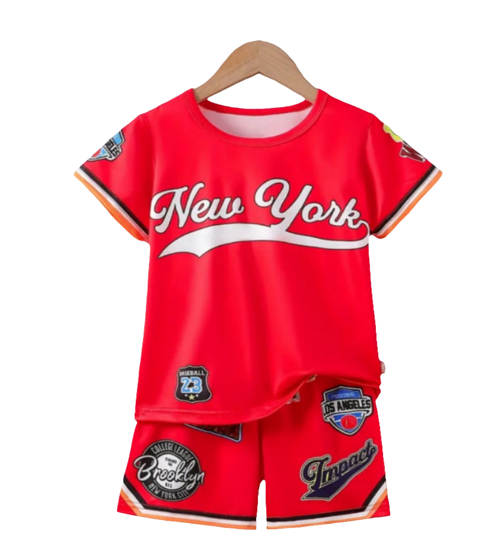 Baseball Shirt en short "New York" rood 