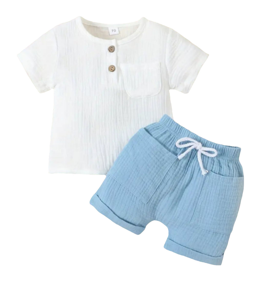 Set: shirt wit met short blauw in crinckle katoen 