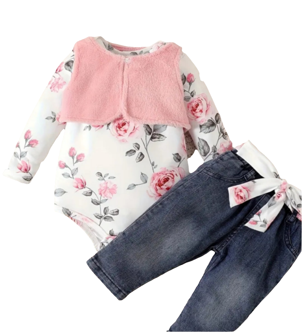 witte body met lange mouw met roze rozen en roze gilet en donkere  jeans met bijpassend riem 