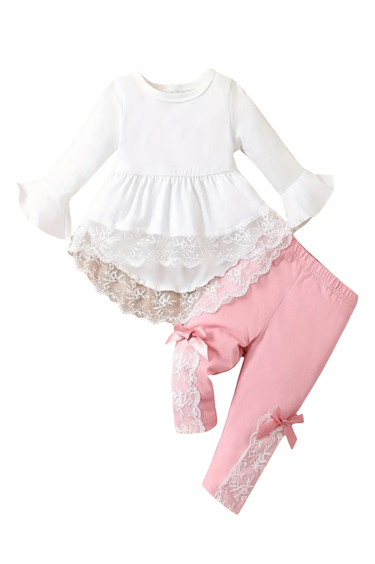 Blouse wit met kant en roze legging met kant (te combineren met de broderie schoentjes)