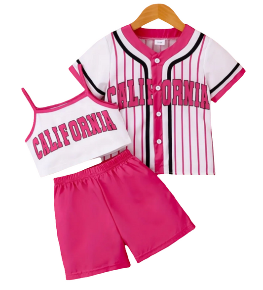 cheerleader set:Shirt , short en topje. " California" roze met wit 