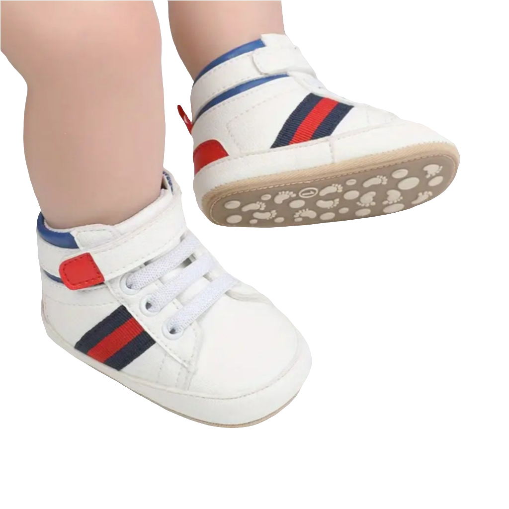 gymp hoog model wit met rood en blauw met klittenband