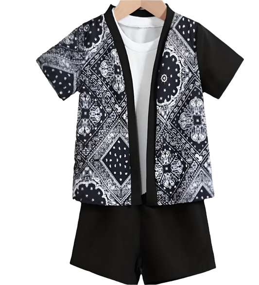 Set: shirt in Batiklook zwart wit met zwart  short
