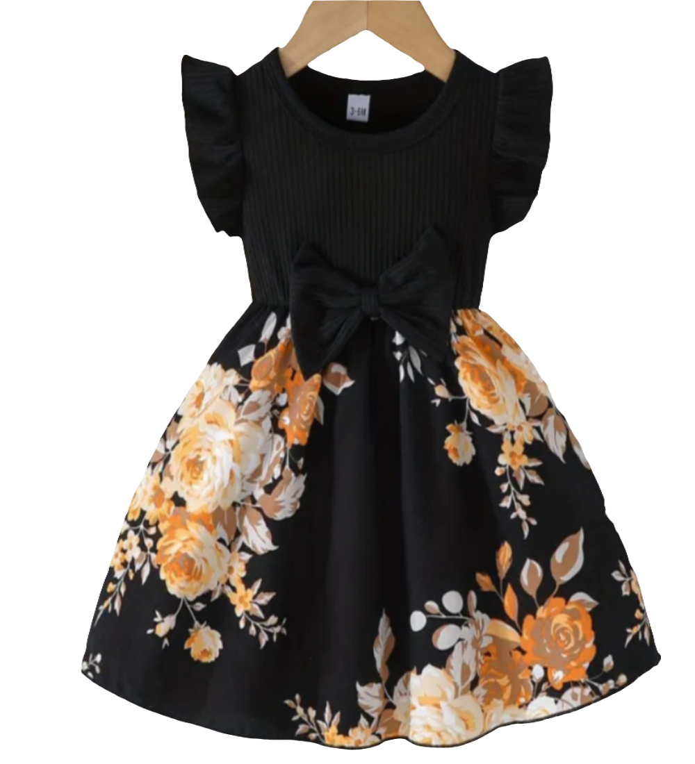 Jurk zwart met beige bloemen en strik ( te combineren met de zwarte ballerina's)