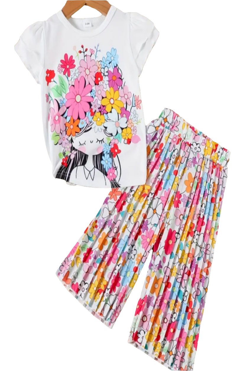 T-shirt multicolor met broek met wijde pijpen