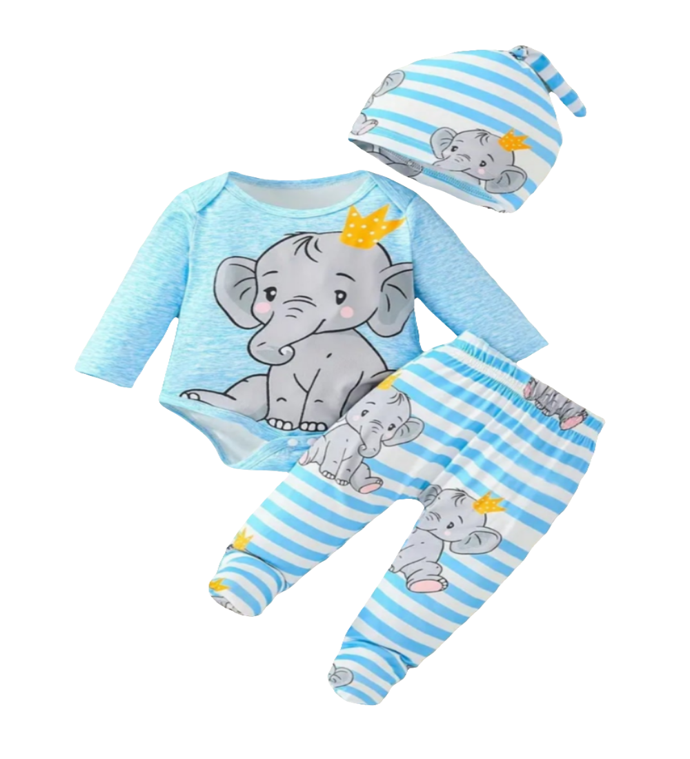 Set: muts, romper met lange mouw en broekje met voetjes en olifantenprint