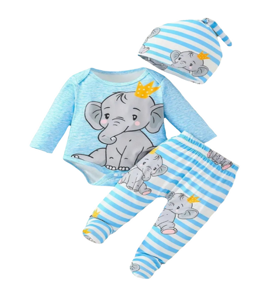 Set: muts, romper met lange mouw en broekje met voetjes en olifantenprint