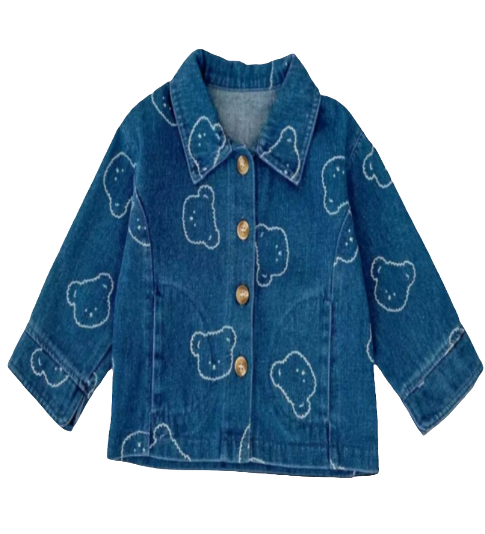 Leuk kort denim jasje voorzien van knopen en bedrukt met beren.