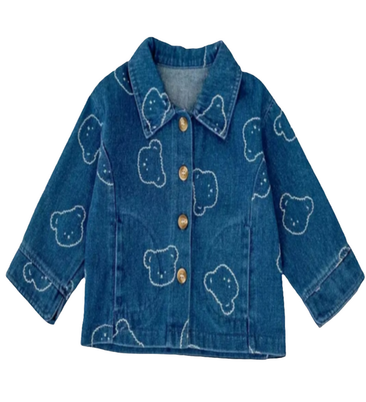 Leuk kort denim jasje voorzien van knopen en bedrukt met beren.