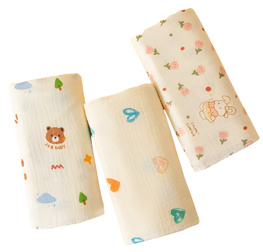 Set hydrofiele doeken 3 stuks 80 cm met beertjes, regenboog of hartjes en bloemen