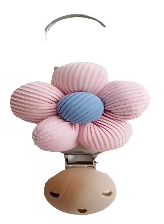 Deze klem kan je bevestigen op de kleding en hieraan maak je dan een speenkoord vast. Dan kan de speen niet mee kwijt zijn  of vallen. In bloem of beertje leverbaar. 