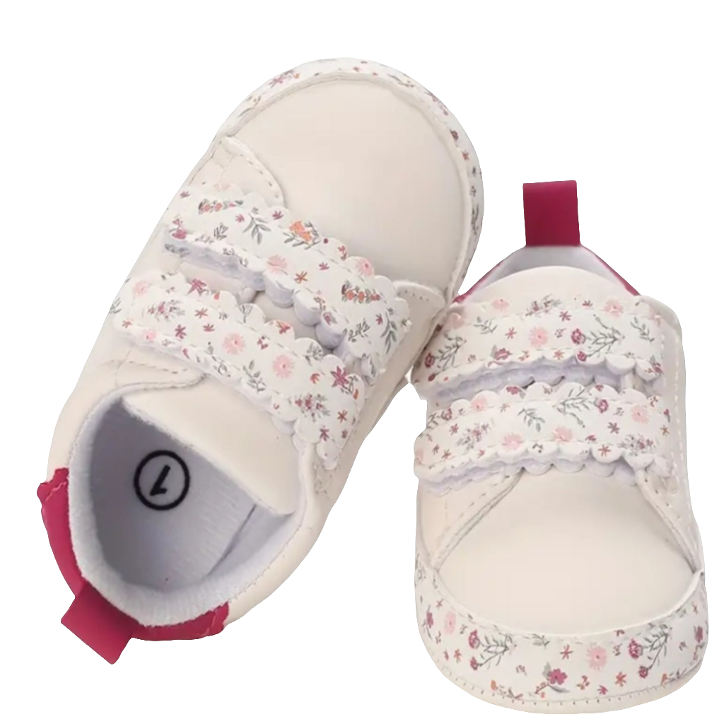 sneaker wit pu leer met bloemetjes en klittenband