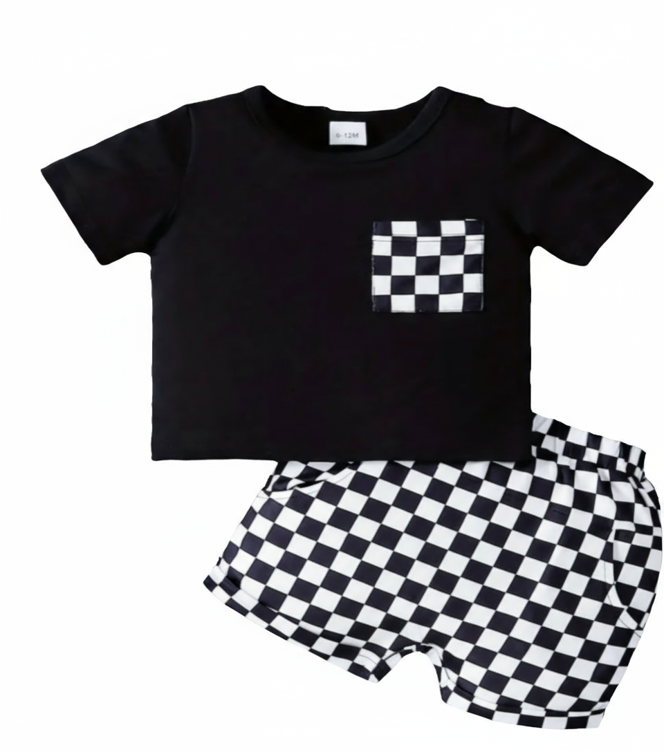 Set voor de zomer: shirt en short Urban / checkerboard stijl (evt. te combineren met de instapper Urban zwart)
