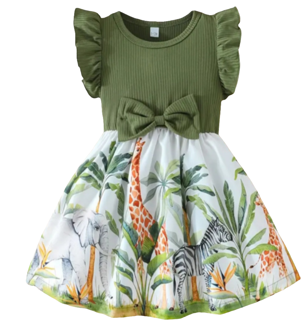 Jurkje groen met jungleprint en strikje