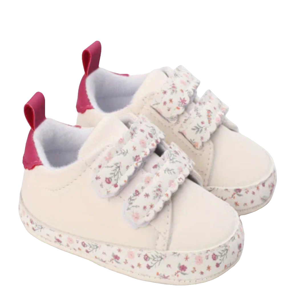 sneaker wit pu leer met bloemetjes en klittenband