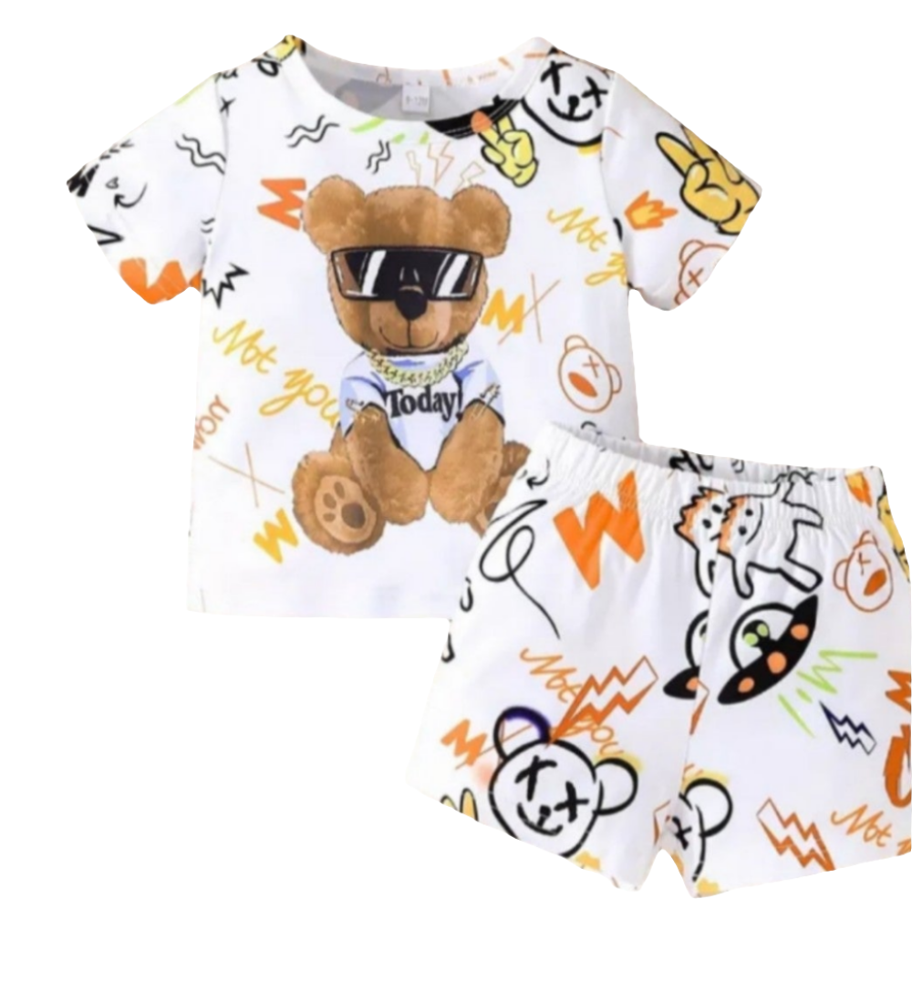 Set voor de zomer : shirt met short  : Beer met bril wit.