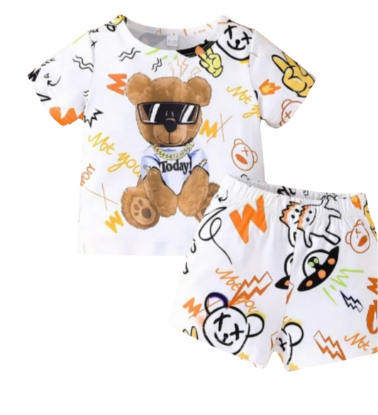 Set voor de zomer : shirt met short  : Beer met bril wit.