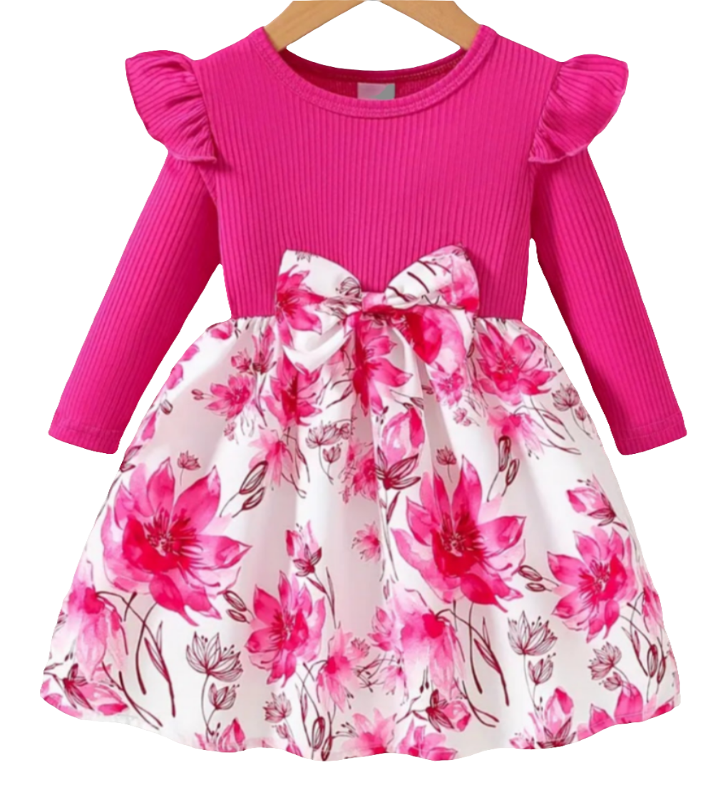 Jurk wit met roze bloemen en strik ( te combineren met de roze schoentjes)